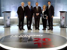 Preparing for the French-language leaders' debate in Montreal on Sept. 24, 2015, were Bloc Quebecois leader Gilles Duceppe, Conservative leader Stephen Harper, NDP leader Tom Mulcair, Green party leader Elizabeth May and Liberal leader Justin Trudeau.