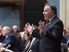 Quebec Premier Francois Legault responds to the Opposition during question period Wednesday, April 10, 2019 at the legislature in Quebec City.