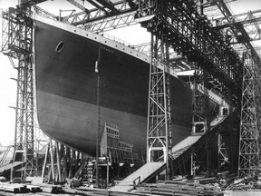 The RMS Titanic ready for launch. The ship was constructed on Queen's Island, now known as the Titanic Quarter, in Belfast Harbour.