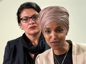U.S. Reps. Ilhan Omar (D-MN) and Rashida Tlaib (D-MI) hold a news conference on August 19, 2019 in St. Paul, Minnesota.