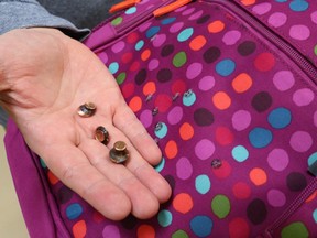 Bullets are displayed that were stopped by Amendment II's Rynohide CNT Shield, seen with holes in its front, on December 21, 2012 in Salt Lake City, Utah.