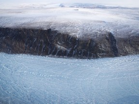A section of glacier is seen from NASA's Operation IceBridge research aircraft along the Upper Baffin Bay coast on March 27, 2017 above Greenland.