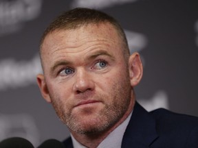 D.C. United midfielder and former England captain Wayne Rooney speaks during a press conference at Pride Park Stadium in Derby on August 6, 2019 after Rooney agreed a deal to become a player-coach.