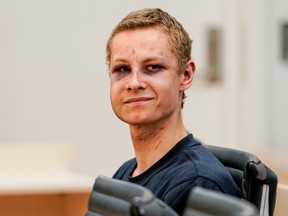 Terror suspected Philip Manshaus attends a hearing at an Oslo courthouse on August 12, 2019 in Norway.