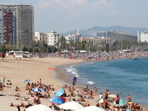 View of the restricted area on Sant Sebastia beach after the police found an explosive device in the water and evacuated part of it, possibly from the Spanish Civil War, in Barcelona, Spain August 25, 2019.