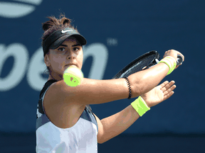 Canadian Bianca Andreescu returns a shot against Katie Volynets of the United States on day two of the 2019 US Open on Aug. 27, 2019