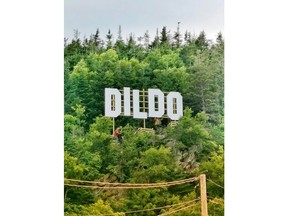 A Hollywood-like sign can be seen over the town of Dildo, Newfoundland in Canada in this undated handout photo provided August 19, 2019. After a Hollywood-like sign went up over Dildo, N.L., thanks to a segment on Jimmy Kimmel Live, town officials are asking people to stop climbing through private property to take photos with it, warning the sign may have to come down.