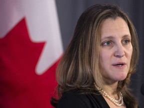 Foreign Affairs Minister Chrystia Freeland delivers a statement while entering a cabinet meeting in Sherbrooke, Que. on January 17, 2019. The federal Liberals are easing immigration and refugee rules for Venezuelans amid the deepening political and economic crisis in that country.THE CANADIAN PRESS/Paul Chiasson
