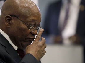 Former South African president Jacob Zuma attends the state commission that is probing wide-ranging allegations of corruption in government and state-owned companies in Johannesburg, Wednesday, July 17, 2019. Canada's export credit agency says it regrets giving a US$41-million loan to help back the sale of Bombardier aircraft to a South African company owned by members of a family with ties to former president Jacob Zuma.