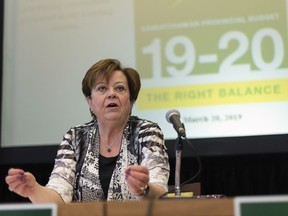 Finance Minister Donna Harpauer speaks during a morning press conference during Budget Day at Legislative Building in Regina, Saskatchewan on Wednesday March 20, 2019. The Saskatchewan government says its first budget update of the fiscal year shows the province is still on its way to balancing the books.