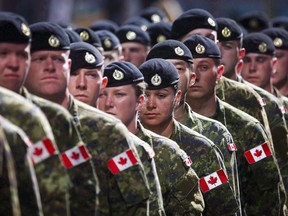 Members of the Canadian Armed Forces march during the Calgary Stampede parade in Calgary, Friday, July 8, 2016. Canadian military members are being warned against getting certain tattoos, including those that are discriminatory or sexually explicit.THE CANADIAN PRESS/Jeff McIntosh