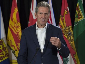Manitoba Premier Brian Pallister addresses the media during a meeting of Canada's Premiers in Saskatoon, Wednesday, July 10, 2019.