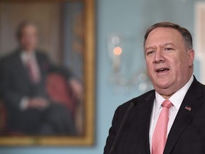 Secretary of State Mike Pompeo speaks during a press availability with Britain's Foreign Secretary Dominic Raab at the State Department in Washington, Wednesday, Aug. 7, 2019. Security around Parliament Hill has been tightened in anticipation of today's visit to Ottawa by U.S. Secretary of State Mike Pompeo.