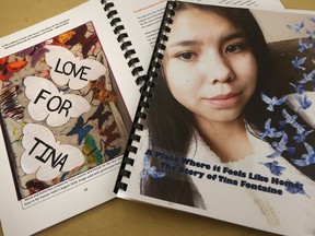 Copies of a special report on the death of fifteen-year-old Tina Fontaine released by Daphne Penrose, the Manitoba Advocate for Children and Youth, are pictured at a release event at the Sagkeeng Mino Pimatiziwin Family Treatment Centre on the Sagkeeng First Nation, Man., Tuesday, March 12, 2019.