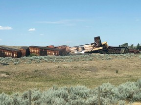 A train derailment is shown near the hamlet of Irvine, Alberta on Friday Aug. 2, 2019. Residents of a southern Alberta hamlet are back in their homes after an evacuation that followed a train derailment and chemical spill. The Alberta government issued the emergency alert for people living within 6.5 kilometres of the hamlet of Irvine.