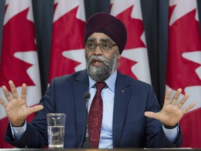 Minister of National Defence Minister Harjit Sajjan responds to a question during a news conference in Ottawa, Monday, April 8, 2019. Sajjan is to announce today that a Canadian Forces Hercules transport plane will be sent to Uganda to take part in a United Nations peacekeeping mission.THE CANADIAN PRESS/Adrian Wyld