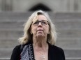 Green Party Leader Elizabeth May, seen in a file photo from June 18, 2019, has unveiled a plan to "transition" Canadian  oil and gas workers to as yet nonexistent renewable energy jobs.