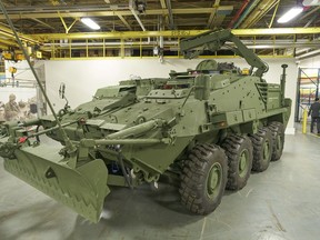 A variant of the Light Armoured Vehicles, similar to the ones ordered by the Canadian Armed Forces, sits inside the General Dynamics Land Systems-Canada factory in London, Ont., Friday, Aug. 16, 2019.