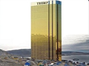 An edited photo showing a Trump tower looming over a village on the coast of Greenland.