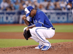 Edwin Jackson of the Toronto Blue Jays reacts after giving up a grand slam to the San Diego Padres at Rogers Centre in Toronto on May 25, 2019.