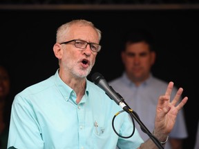Labour party leader Jeremy Corbyn speaks at a rally calling for a general election in Westminster on July 25, 2019 in London, England.