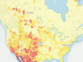 The Water Risk Atlas from the WRI shows areas facing water risk in North America, marked red for high risk and dark red for extremely high risk.