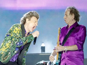 Mick Jagger and Keith Richards perform during the Stones' No Filter Tour at the Rose Bowl Stadium in Pasadena, California on August 22, 2019.