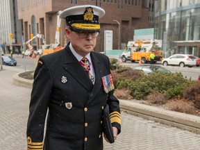 Vice Admiral Mark Norman, right, leaves the Ottawa courthouse with his lawyer, Marie Henein, Tuesday, April 10, 2018 after his first appearance after being charged with one count of breach of trust.