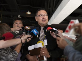 Fond du Lac Chief Louie Mercredi talks during a press conference at the Turvey Centre in Regina on Thursday, Aug. 22, 2019. A funding dispute has emerged between a remote First Nation and the Saskatchewan government over money to upgrade its runway.