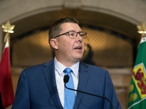 Premier Scott Moe  responds to reports after losing a Saskatchewan Court of Appeal’s decision on the carbon tax in the Legislative Building in Regina.