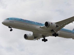 A Boeing Co. 787 Dreamliner Korean Air Lines plane approaches Toronto Pearson International Airport in Toronto, Ontario, Canada, on Monday, July 22, 2019.