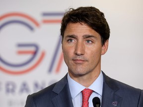 Prime Minister Justin Trudeau speaks to the press at the G7 summit in Biarritz, France, on Aug. 26, 2019.