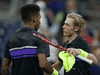 Denis Shapovalov of Canada, right, greets Felix Auger-Aliassime of Canada after a first round match on day two of the 2019 U.S. Open, Aug 27, 2019.