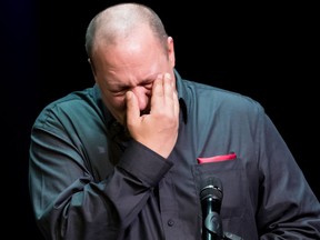 Carson Crimeni's father Aron Crimeni wipes away tears while speaking about his late 14-year-old son in Langley, B.C., on Thursday August 29, 2019. The family of a 14-year-old boy whose apparent overdose death was filmed and posted on social media delivered a powerful call for change at his funeral.