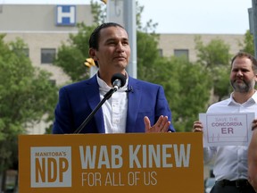 NDP leader Wab Kinew speaks at a press conference on Moncton Avenue near the Concordia Hospital on Mon., Aug. 12, 2019.