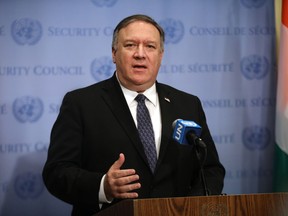 U.S. Secretary of State Mike Pompeo speaks to the media on January 26, 2019 in New York City.