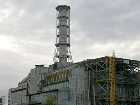 This file picture taken on September 17, 2007 in Chernobyl shows a general view of the sarcophagus over destroyed 4th block of Chernobyl power plant.