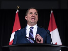 Conservative Leader Andrew Scheer speaks at a press conference at Hotel Saskatchewan in Regina, Saskatchewan on Wednesday August 14, 2019, commenting on Ethics Commissioner Mario Dion's findings regarding the SNC-Lavalin affair.