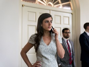 Madeleine Westerhout, President Donald Trump’s personal assistant, looks on during an event in the Rose Garden, at the White House in Washington, July 11, 2019. Westerhout resigned abruptly on Aug. 29, reportedly after Trump learned that she had indiscreetly shared details about his family and Oval Office operations with journalists.