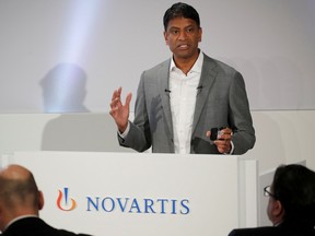 Novartis CEO Vas Narasimhan addresses the Swiss drugmaker's annual news conference in Basel, Switzerland, January 30, 2019.