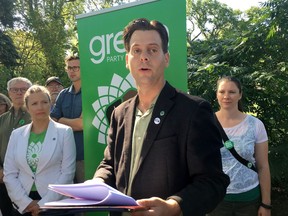 Manitoba Green Party Leader James Beddome talks to reporters as he releases his party's platform for the Sept. 10 Manitoba election, in Winnipeg on Friday, Aug. 9, 2019.