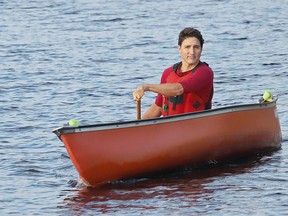 Federal Liberal leader Justin Trudeau canoes during a campaign stop at the Lake Laurentian Conservation Area in Sudbury, Ont. on Thursday September 26, 2019.