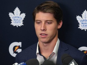 Toronto Maple Leafs' Mitch Marner takes questions from the media during a press conference at the Paradise Double Ice Complex in Paradise, NL on Saturday, September 14, 2019. THE CANADIAN PRESS/Paul Daly