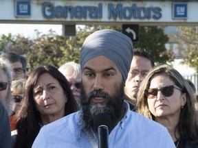 NDP leader Jagmeet Singh speaks during a campaign announcement in Oshawa, Ont. Saturday September 14, 2019. The NDP leader, campaigning in the embattled auto-manufacturing hotbed of Oshawa is also promising a $300-million automotive innovation strategy, but with a catch: the money would be contingent on keeping auto jobs in Canada.