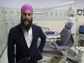 NDP leader Jagmeet Singh waits in a college dental hygienie clinic in Sudbury, Ontario on Wednesday September 18, 2019. An NDP government would extend full public dental coverage to households making less than $70,000 a year, leader Jagmeet Singh said Wednesday in a first step toward including dentistry in public health care for everyone.