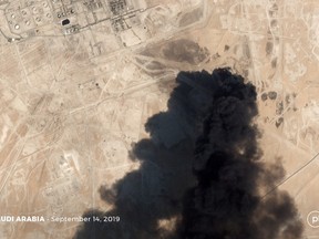 A satellite image shows an apparent drone strike on an Aramco oil facility in Abqaiq, Saudi Arabia September 14, 2019.