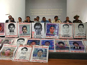 Relatives of the 43 missing students of the Jose Isidro Burgos school in Ayotzinapa, offer a press conference after their meeting with Mexican President Andres Manuel Lopez Obrador, in Mexico City, on September 11, 2019.