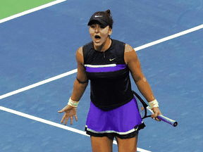 Canada's Bianca Andreescu celebrates her victory over Belinda Bencic of Switzerland during their semi-final match at the 2019 U.S. on Sept. 5, 2019.