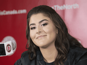 Bianca Andreescu, fresh off her U.S. Open  win, speaks to reporters in Toronto, on Sept. 11, 2019.