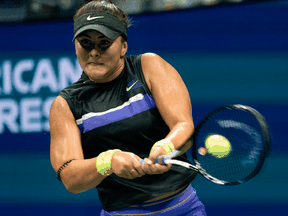 Bianca Andreescu of Canada hits a return to Taylor Townsend of the U.S. during their Round Four match at the 2019 U.S. Open on Sept. 2, 2019.